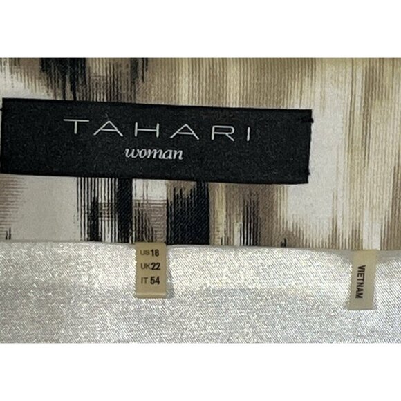 Tahari Beige Black Abstract Print Snaps Front Pockets Stretch Duster Coat - Picture 9 of 10